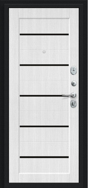 Входная дверь, серия - Bravo R, модель - Борн, цвет: Букле черное/Snow Melinga. Размер полотна в мм: 205*96 правое